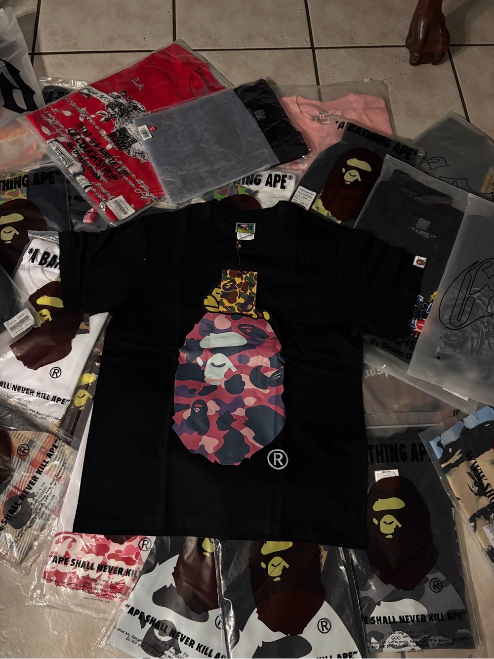 Bape Black Tee with Pink & Red Camo Ape Head